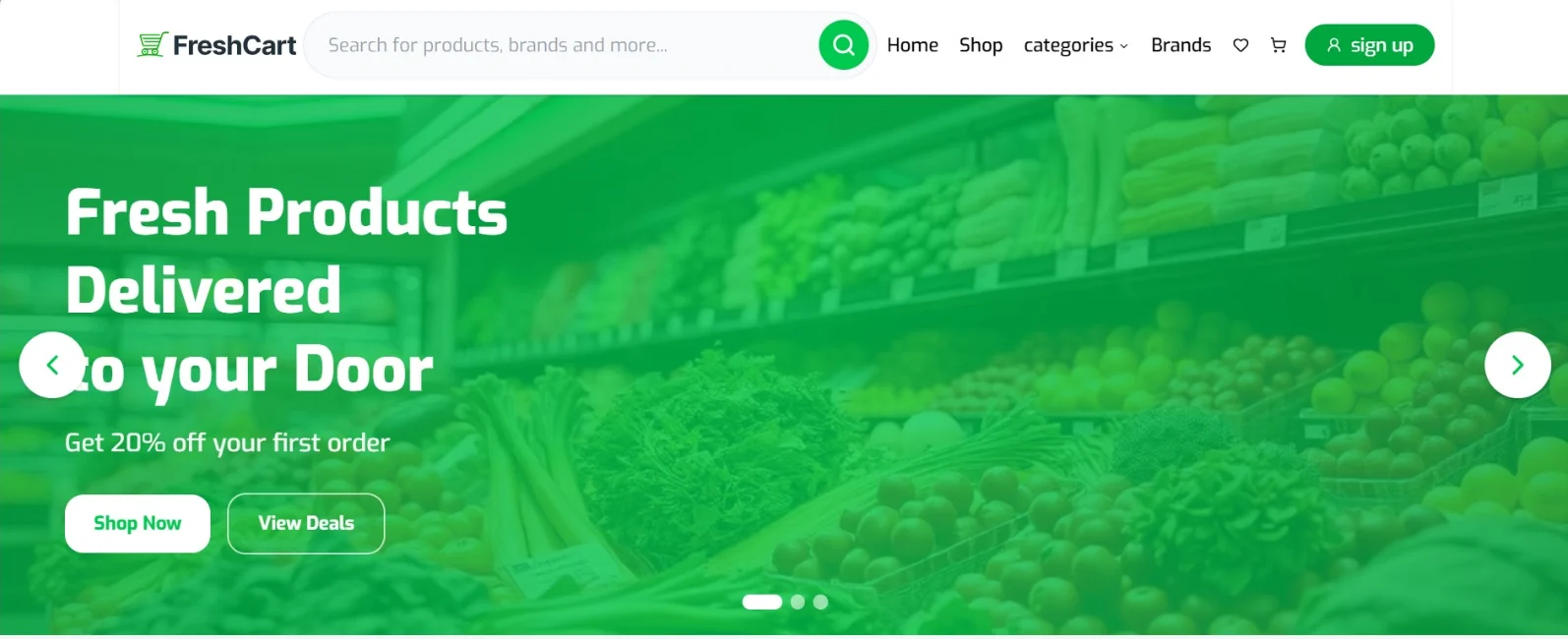 Fresh Cart home page: search bar, navigation with categories and brands, and a green promotional hero slider reading “Fresh Products Delivered to your Door”
