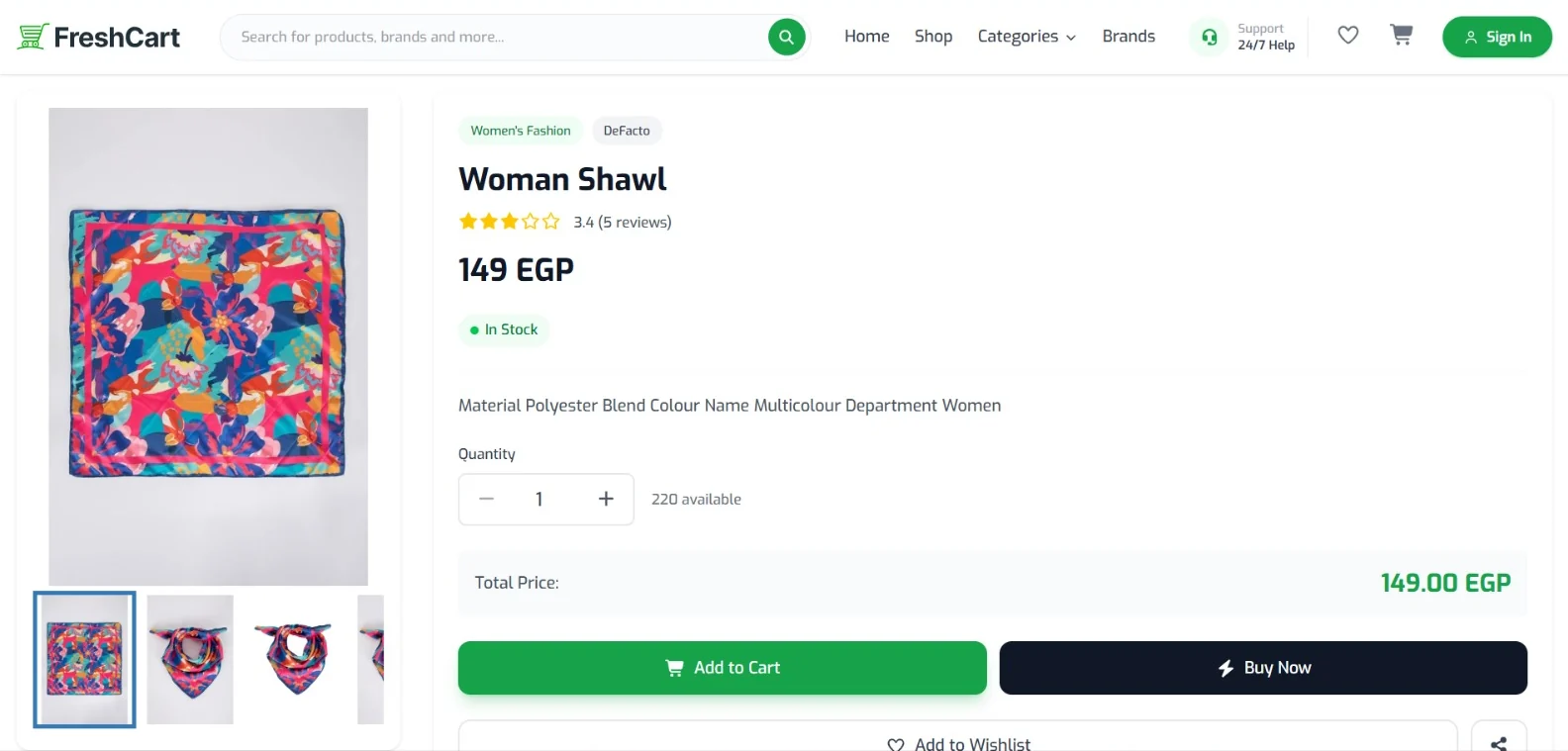 Fresh Cart product page for a woman's shawl: image gallery, rating, price, stock status, quantity selector, total price, and Add to Cart and Buy Now buttons