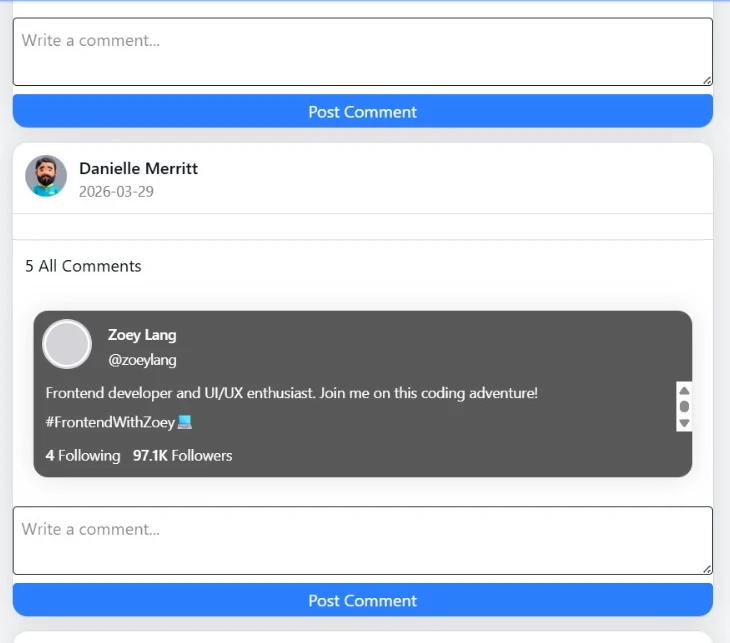 Social App comment thread: a post with five comments, a user profile card, and a comment box with Post Comment button