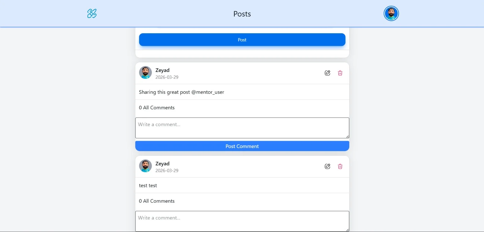 Social App feed: a post composer, and the user's own posts with edit and delete buttons, comment counts and a comment box